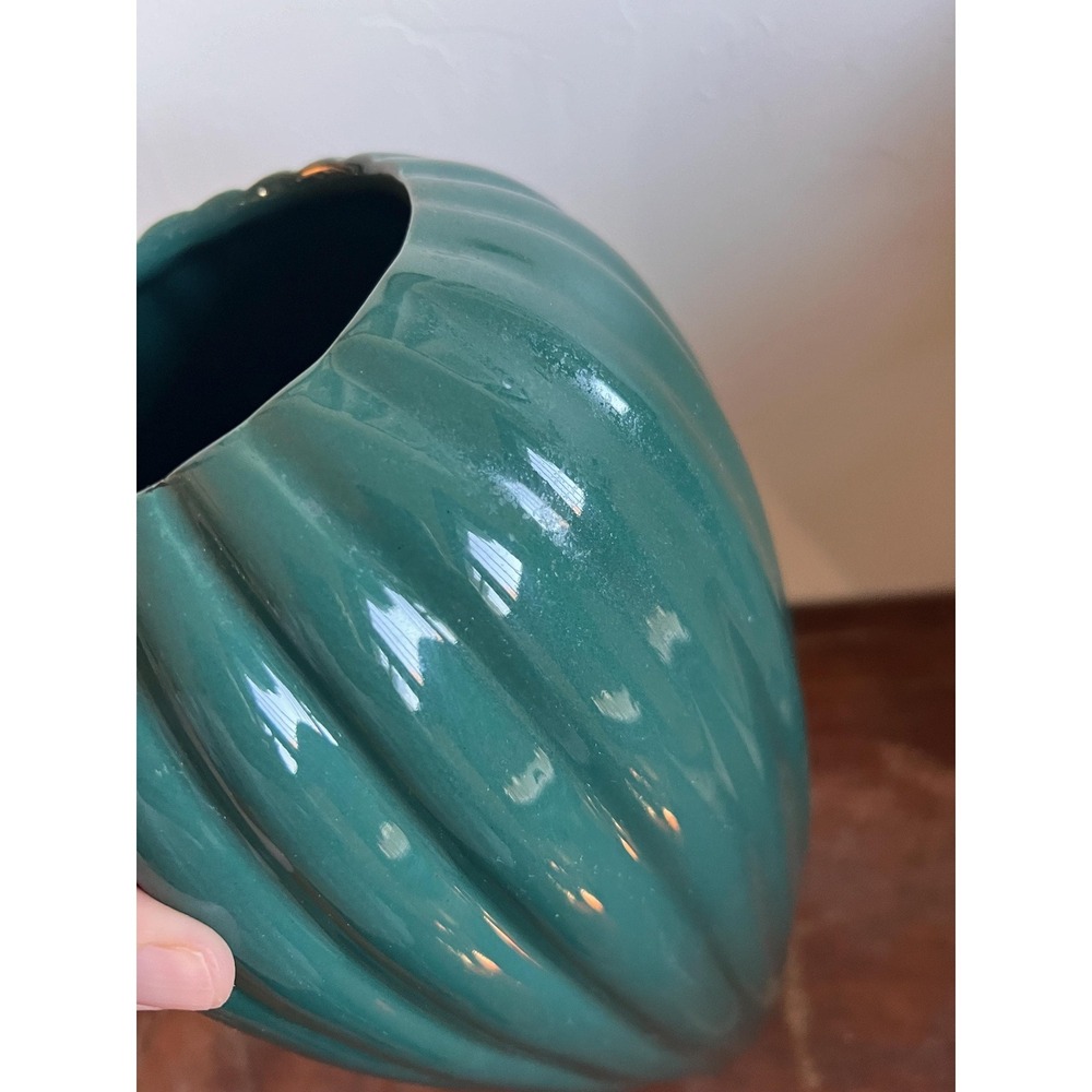 Large Vintage Dark Green Ribbed Haegar Vase Dark Academia Style - Picture 4 of 7